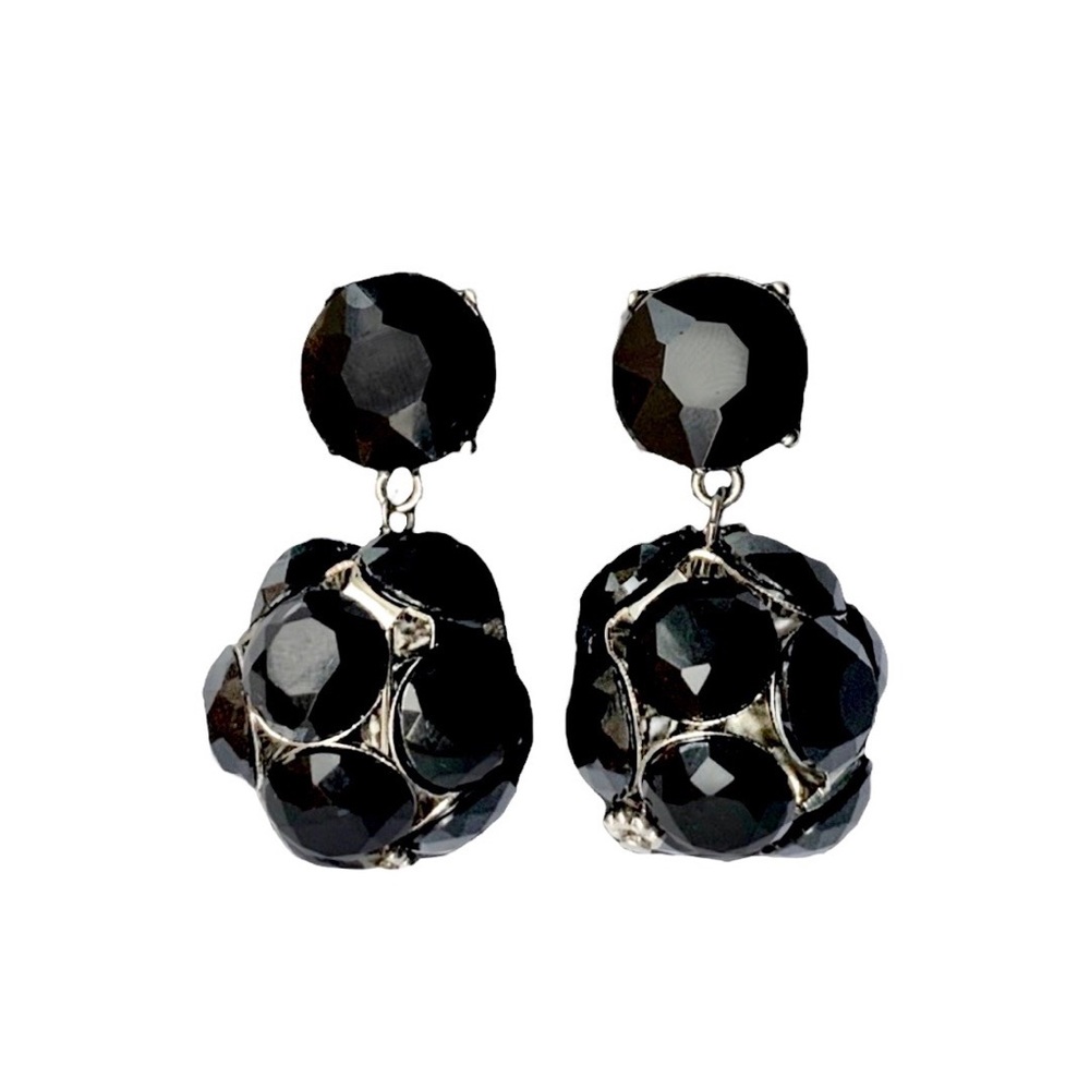 🆕 Small Black Crystal Cabochon Beaded Ball Drop Earrings NWT